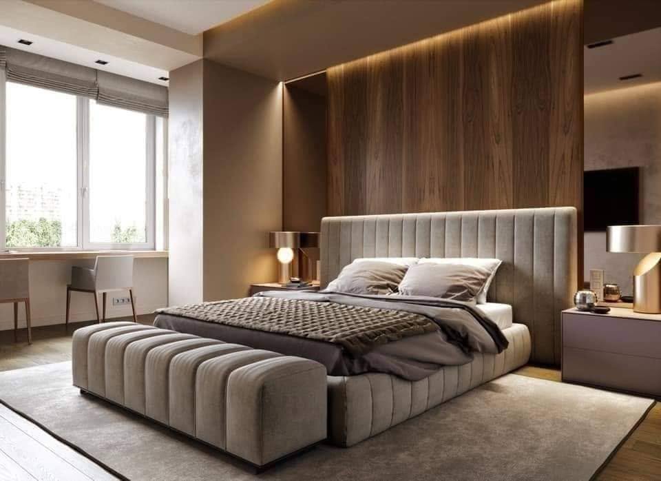 Contemporary Bedroom with Statement Wood Accent Wall