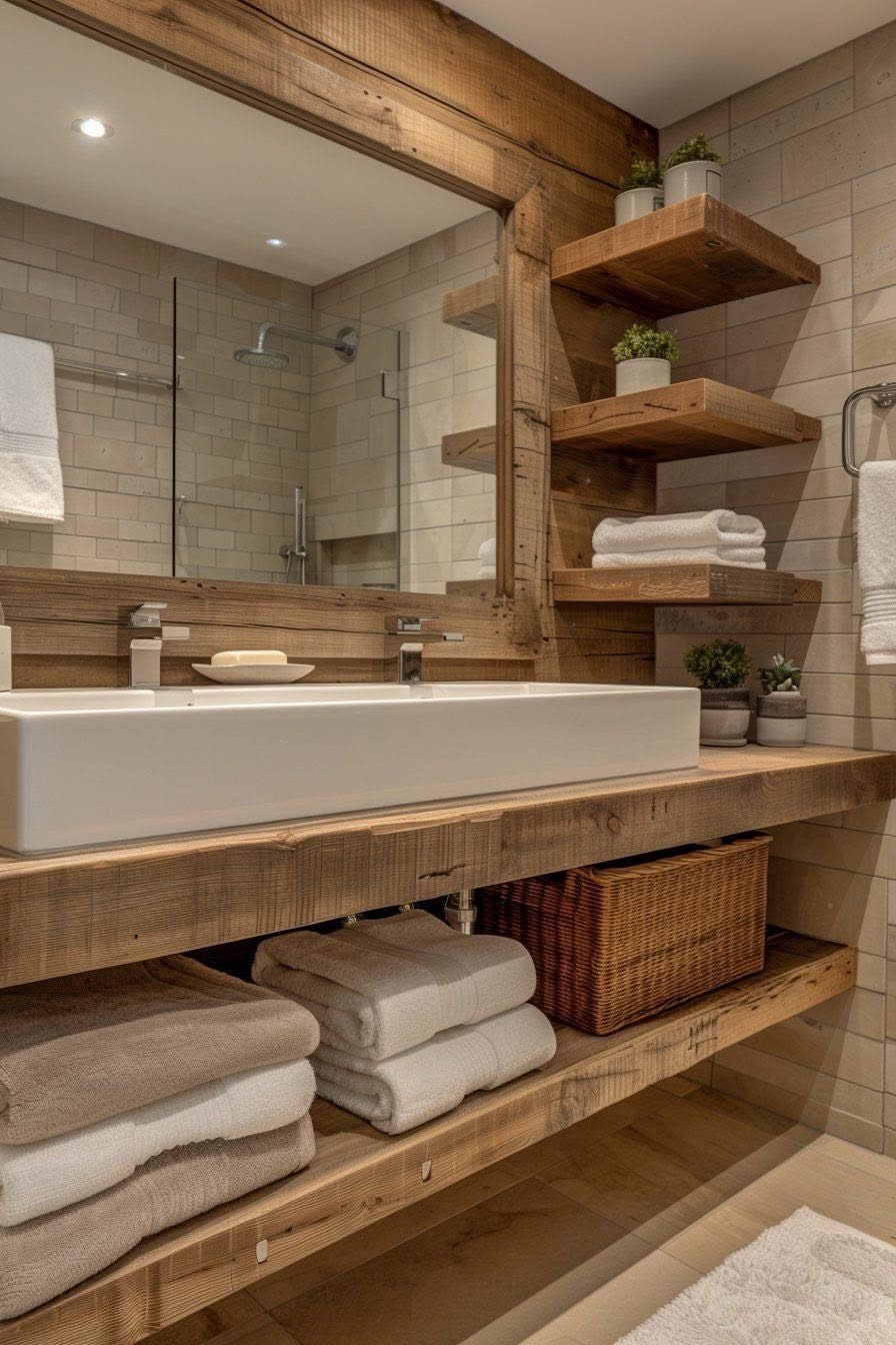 Rustic Bathroom with Natural Wood Accents and Open Shelving