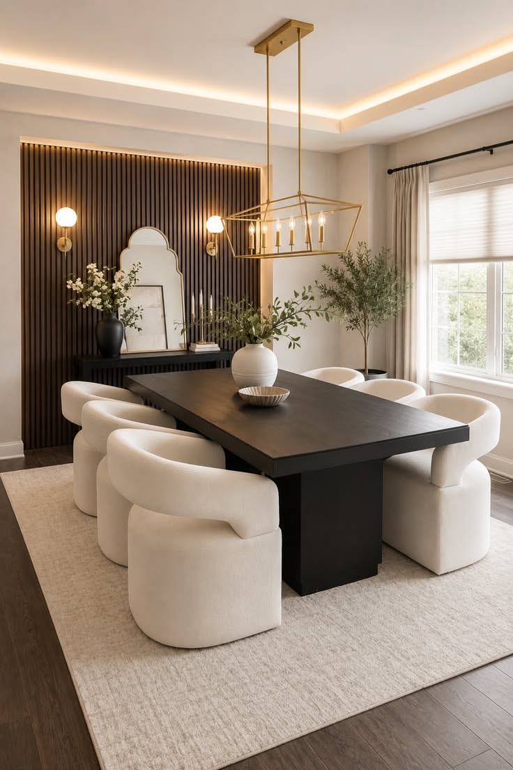 Modern Dining Room with Black Table and White Barrel Chairs