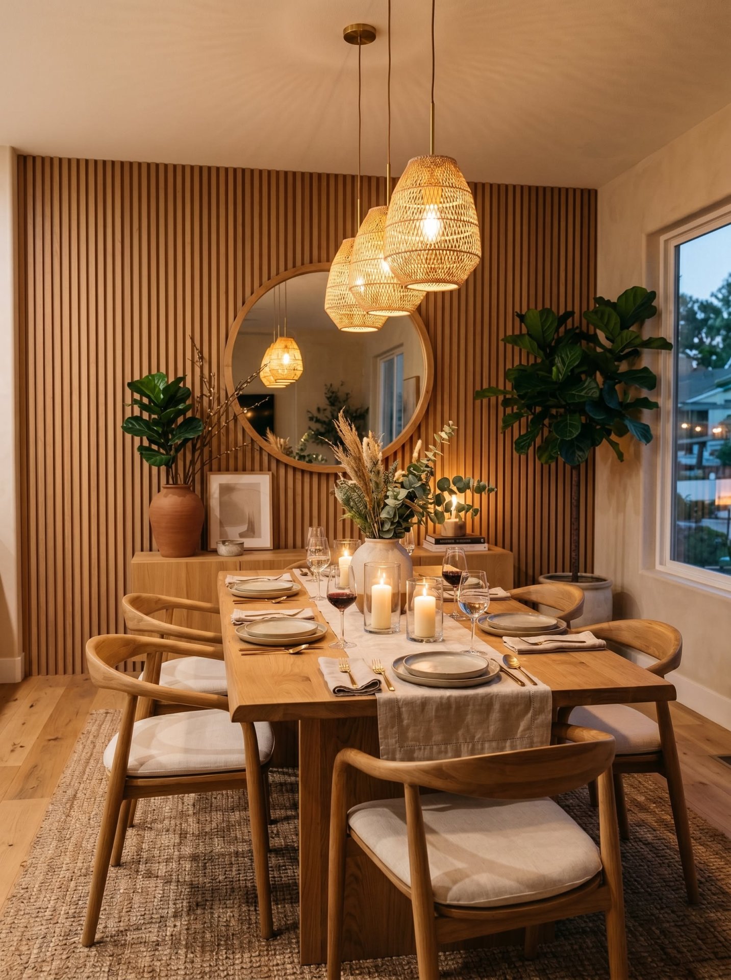 Modern Natural Dining Room with Wooden Accents and Warm Lighting