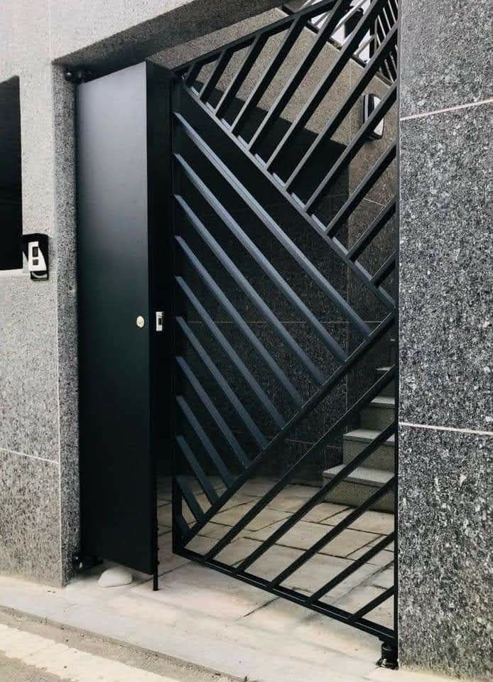 Modern Steel Entry Gate with Diagonal Line Design
