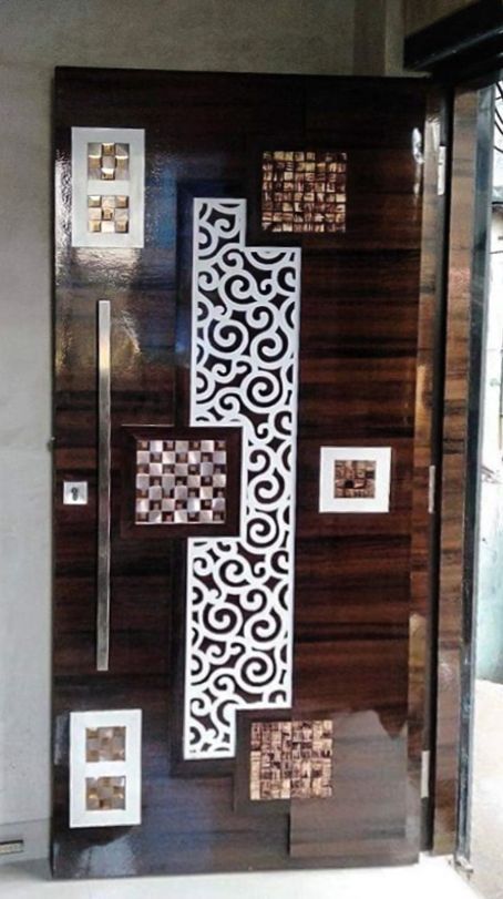 Contemporary Wooden Entry Door with Geometric and Patterned Inlays