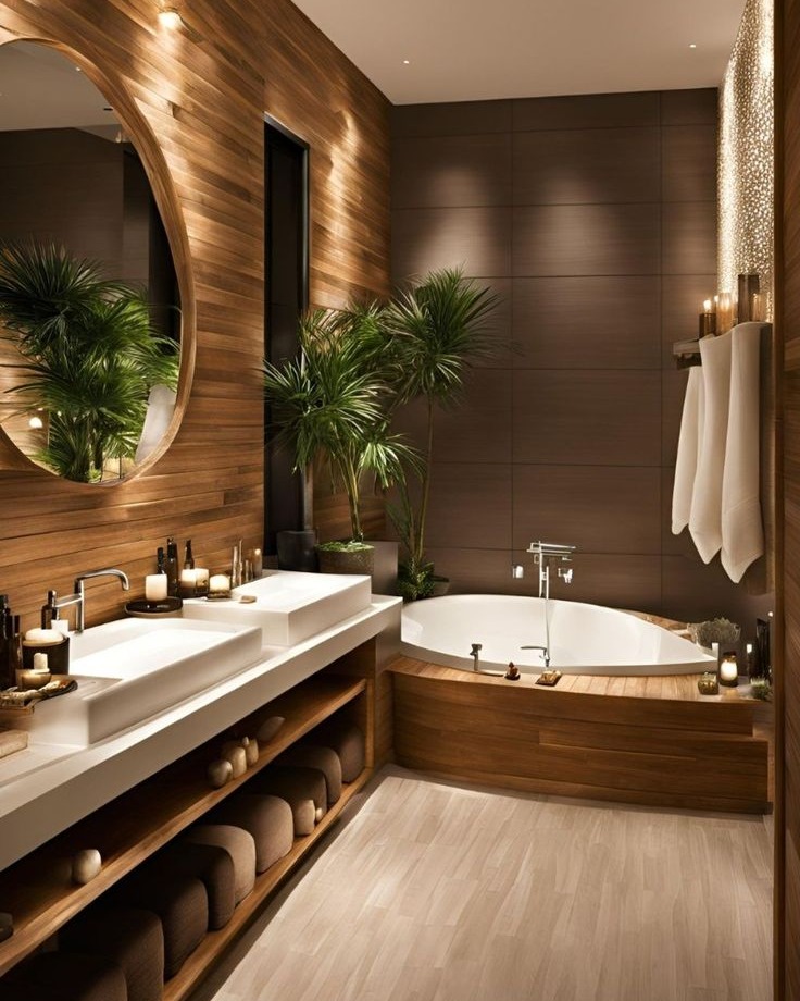 Modern Spa-Inspired Bathroom with Wood Accents and Freestanding Tub