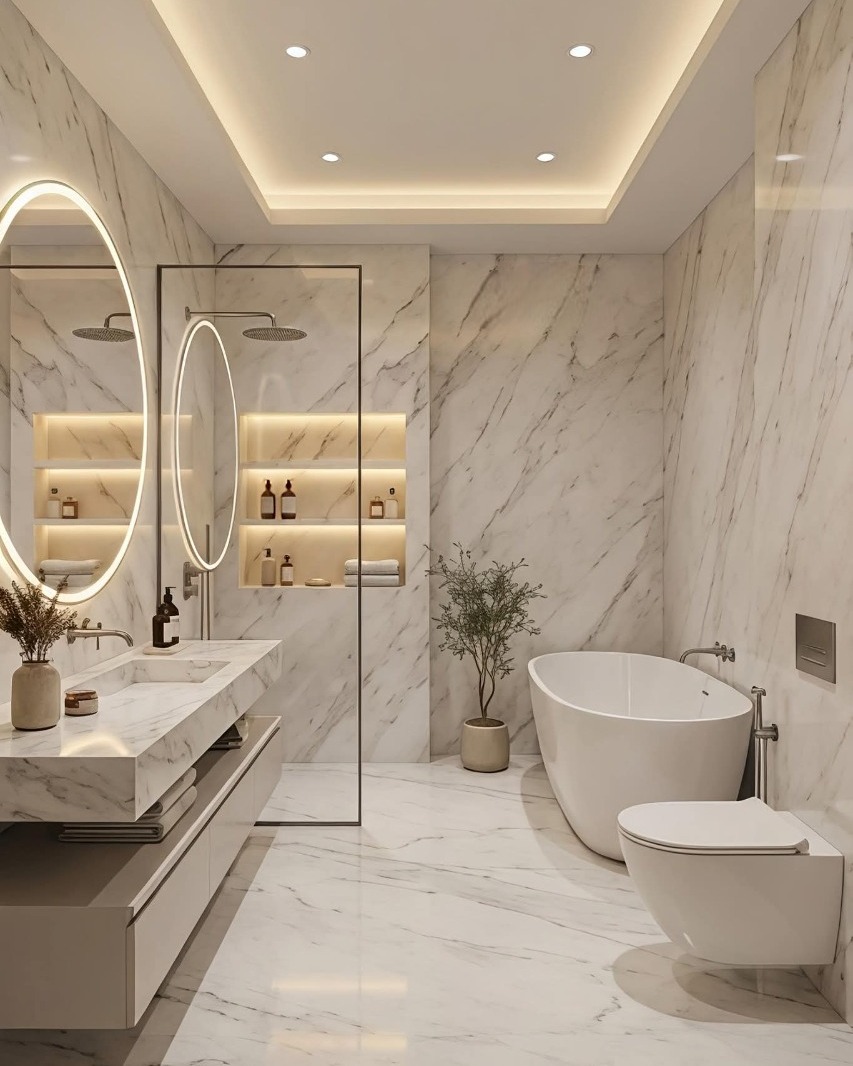 Modern Bathroom with Marble Surfaces and Backlit Shelving