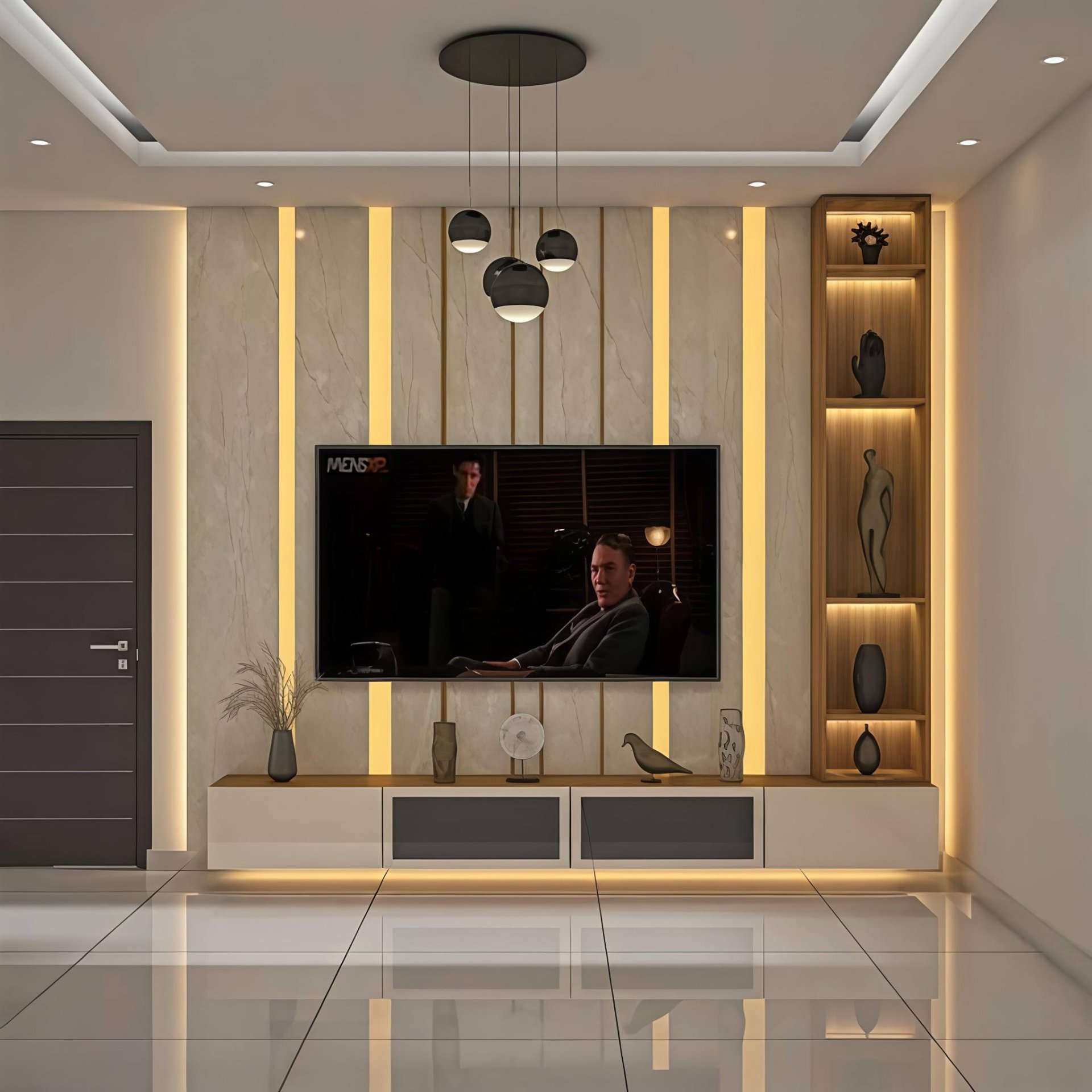 Modern Living Room TV Wall with Marble Panels and Built-In Lighting