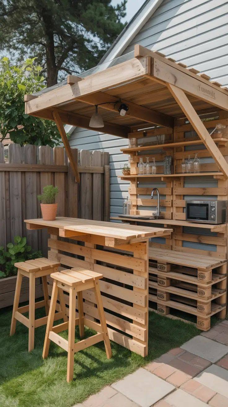 Outdoor Pallet Bar with Shelving and Stools in a Backyard Setting