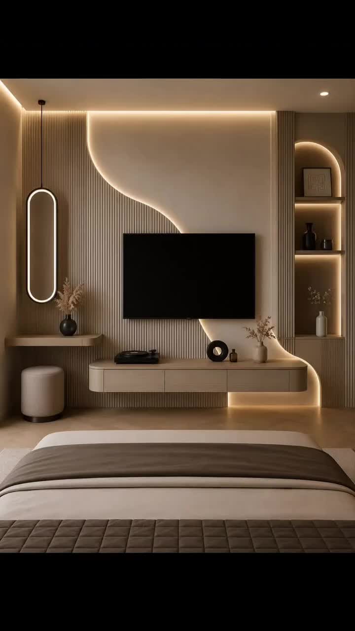 Modern Bedroom Accent Wall with Integrated Lighting and Floating Storage