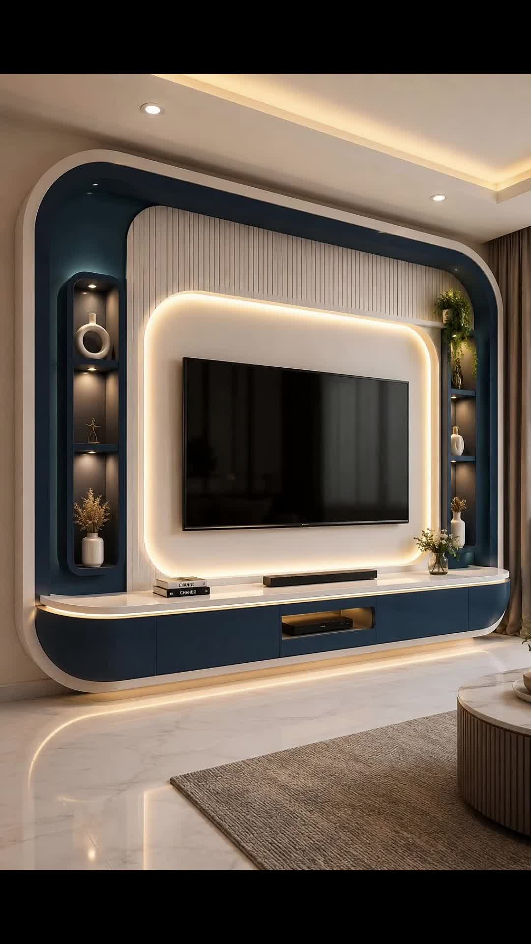 Modern Living Room TV Wall Unit With Blue Accents and LED Lighting