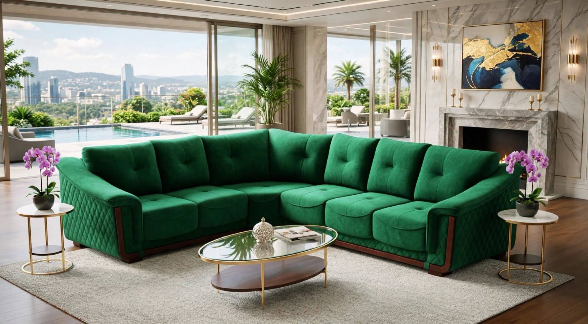 Modern Living Room with Emerald Green Sectional and Poolside View
