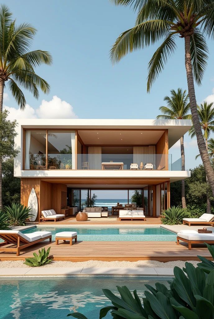 Modern Two-Story Villa with Poolside Lounge and Palm Trees