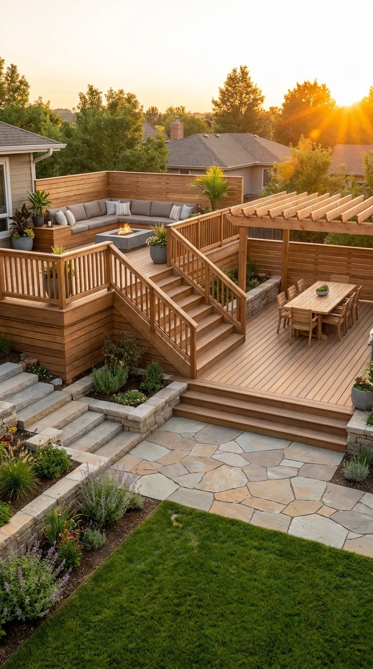 Modern multi-level backyard deck with pergola and landscaping