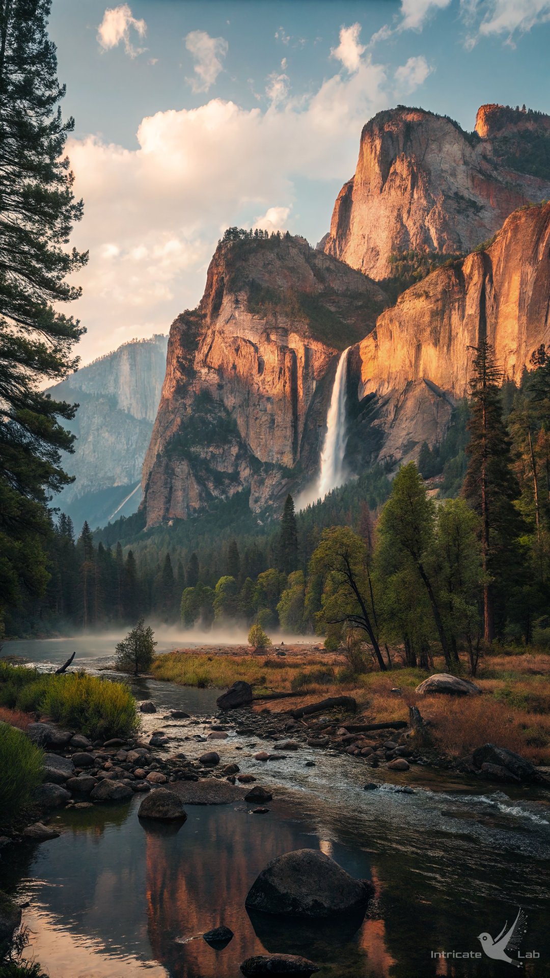 Sunlit Waterfall Cascading Down Granite Cliffs in Mountain Valley
