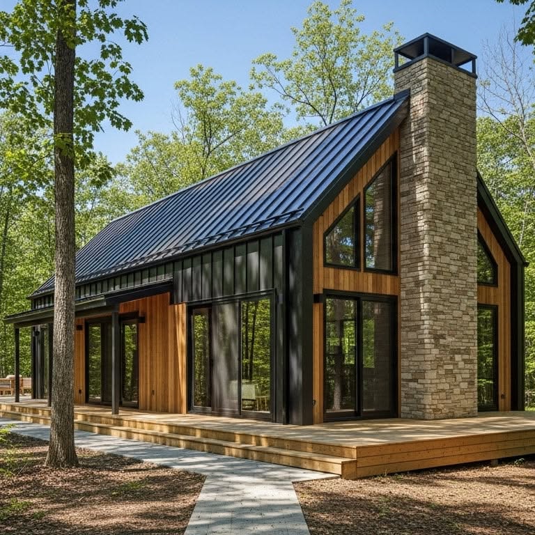Modern Cabin Exterior with Metal Roof and Stone Chimney in Wooded Setting