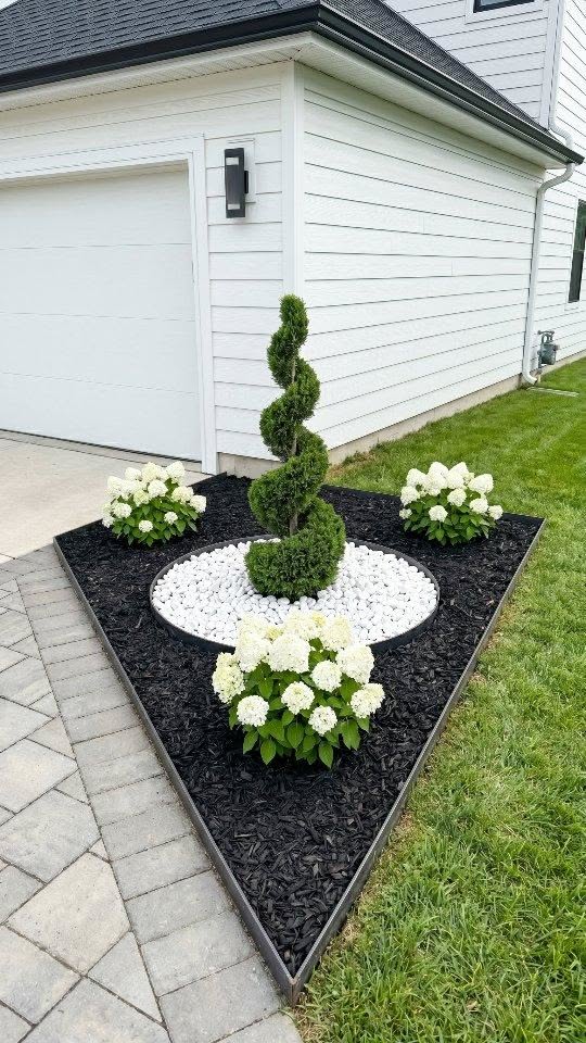 Modern Front Yard Triangle Garden Bed with Topiary and Hydrangeas