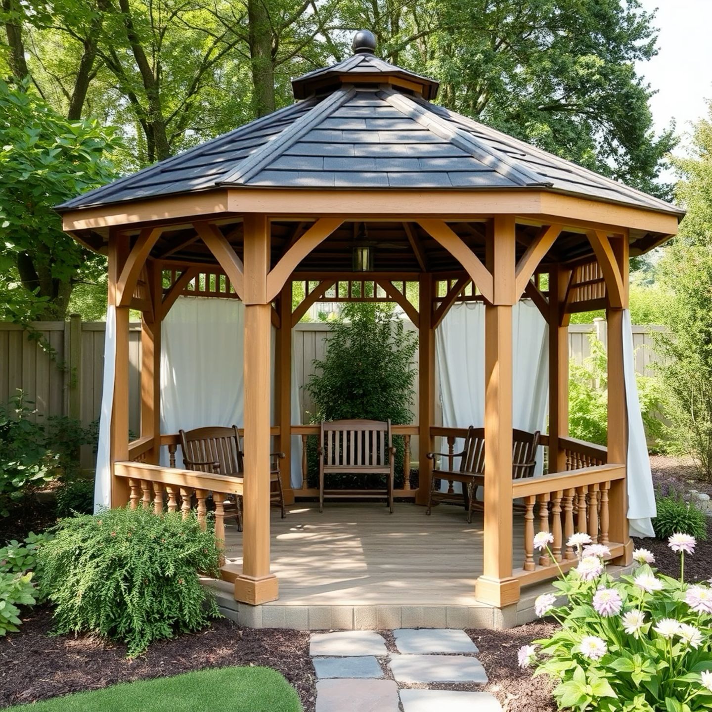 Classic Wooden Backyard Gazebo with Shaded Seating and Garden Views