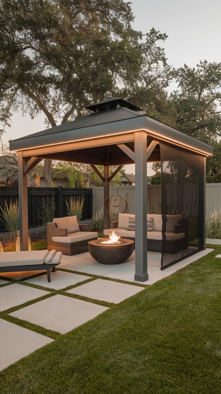 Modern Backyard Patio with Covered Gazebo and Fire Pit Lounge Area