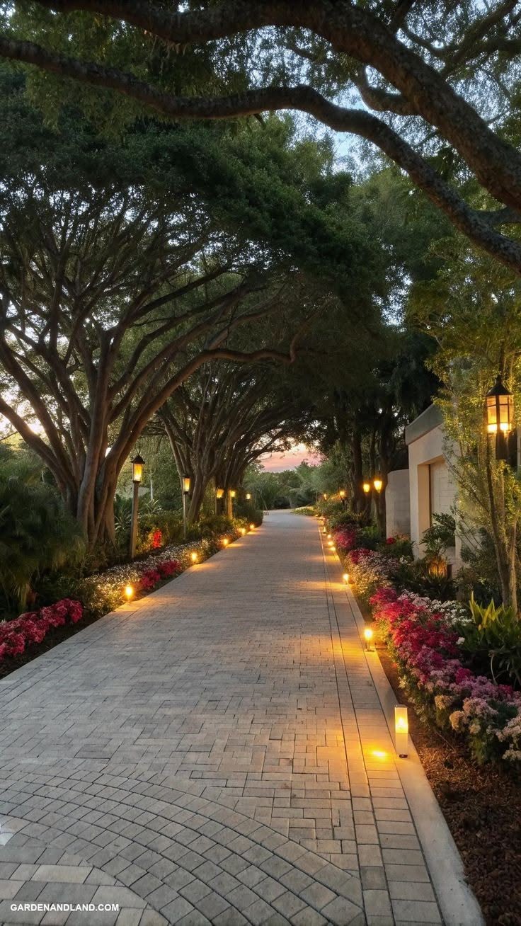 Tree-Lined Paver Driveway with Elegant Landscape Lighting
