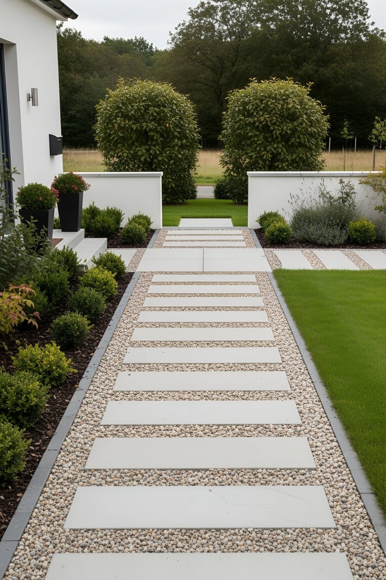Modern Front Yard Walkway with Stepping Stones and Gravel Borders