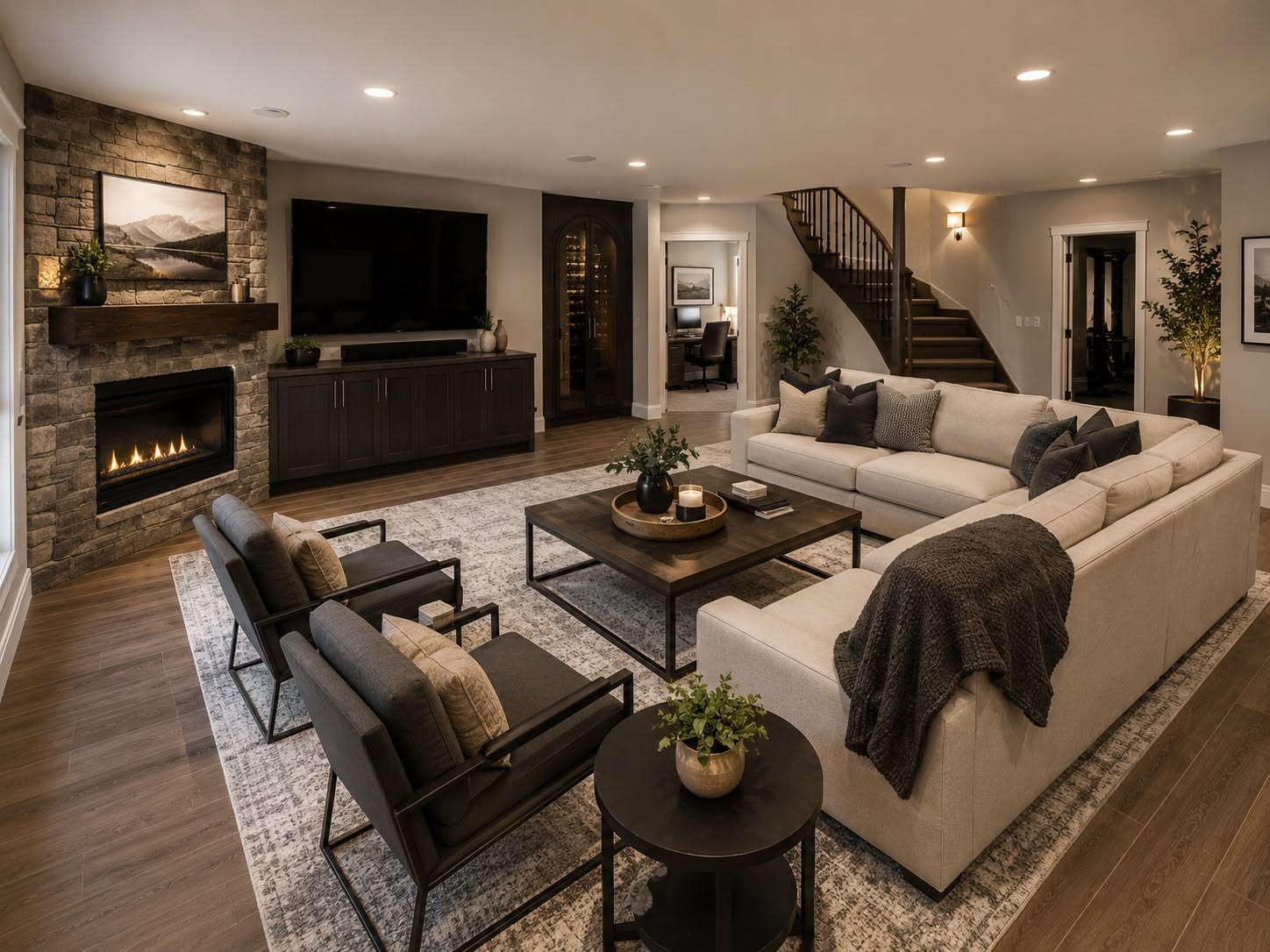 Warm Contemporary Living Room with Stone Fireplace and Sectional Sofa