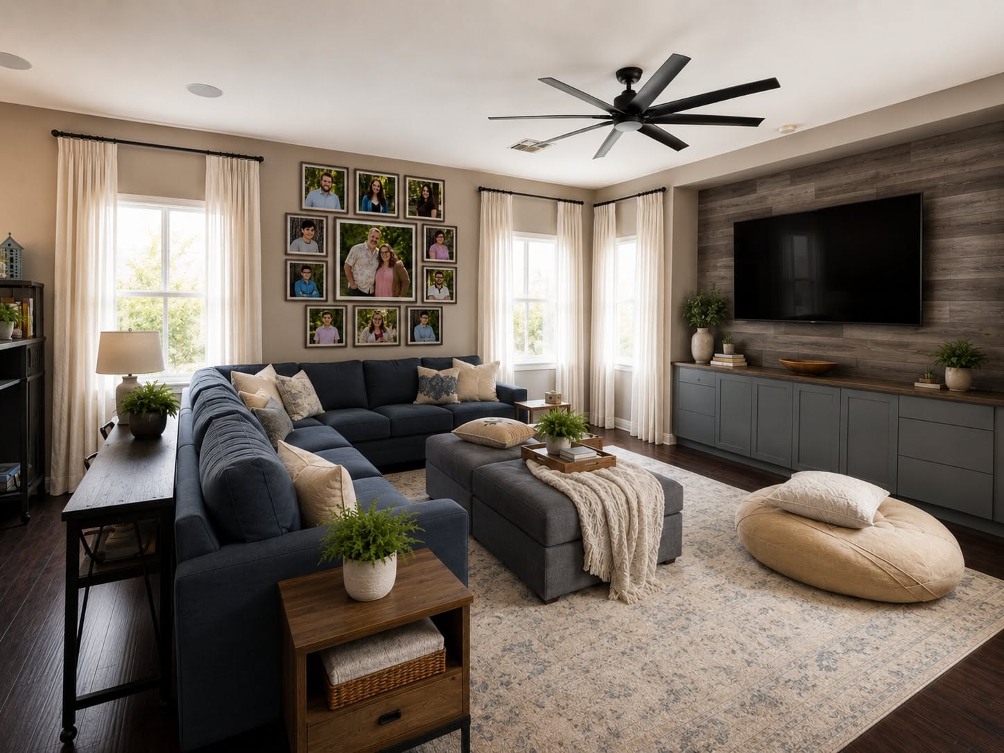 Spacious Contemporary Living Room With Navy Sectional and Gallery Wall