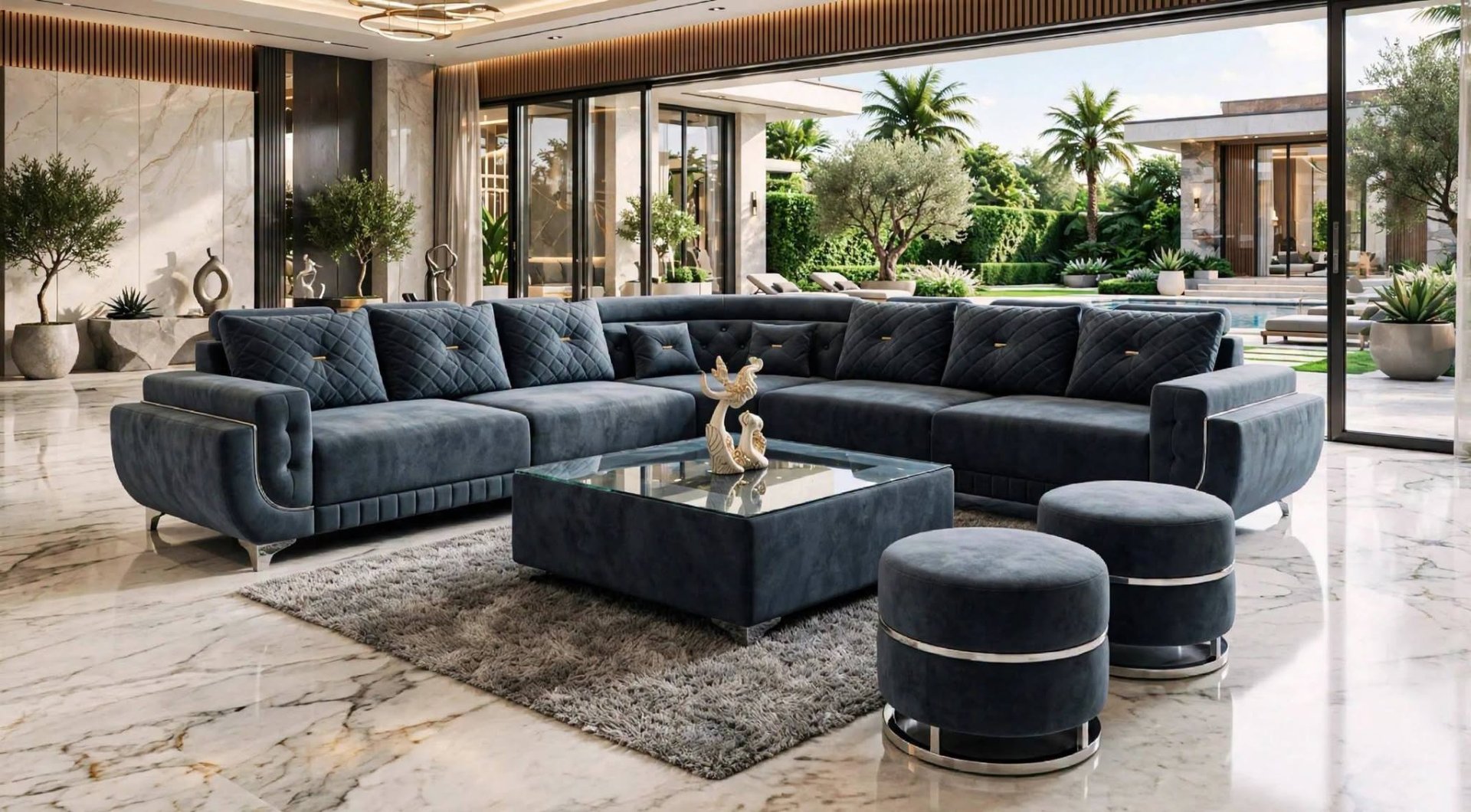 Contemporary Living Room with Velvet Sectional and Marble Flooring