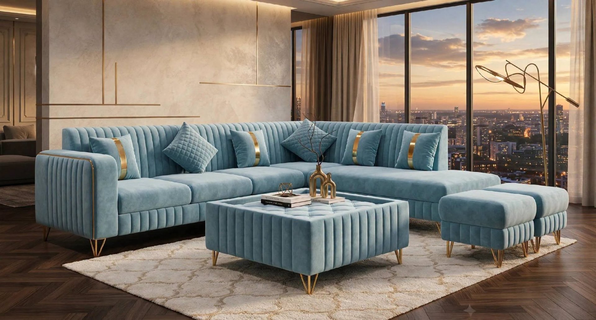 Contemporary Living Room with Blue Velvet Sectional and City View