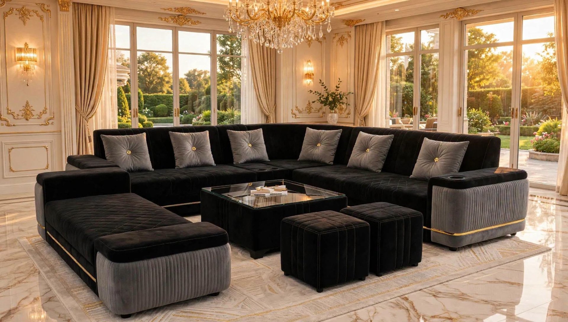 Elegant Living Room With Black Velvet Sectional and Gold Accents