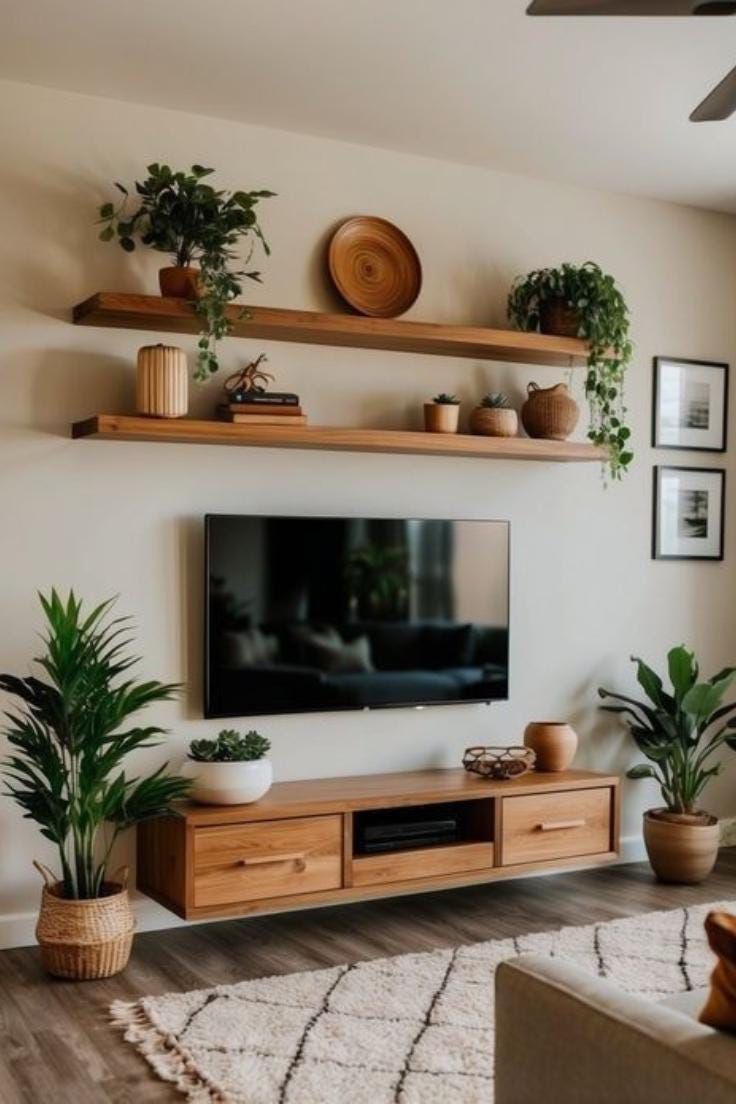 Modern Living Room with Floating Wood Shelves and Greenery Accents