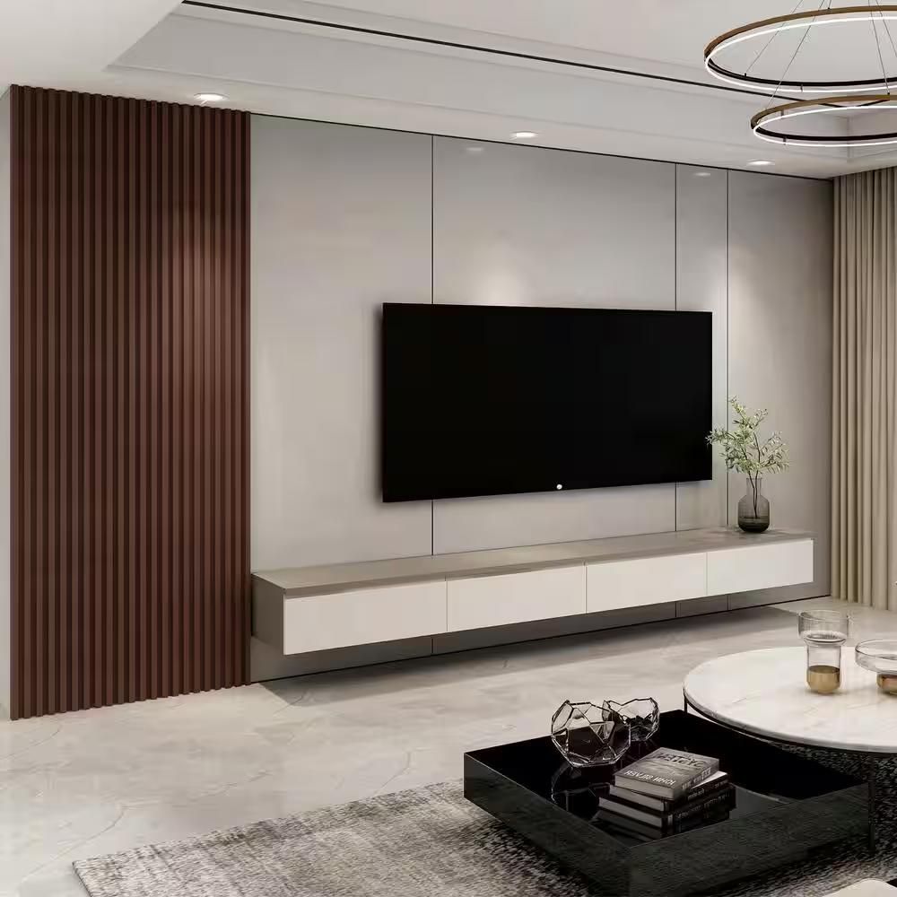 Modern Living Room TV Wall with Floating Console and Wood Slat Accent