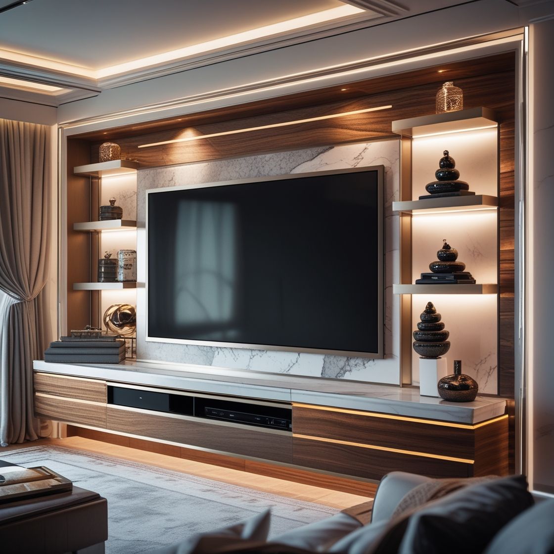 Contemporary Living Room Media Wall with Marble and Wood Accents