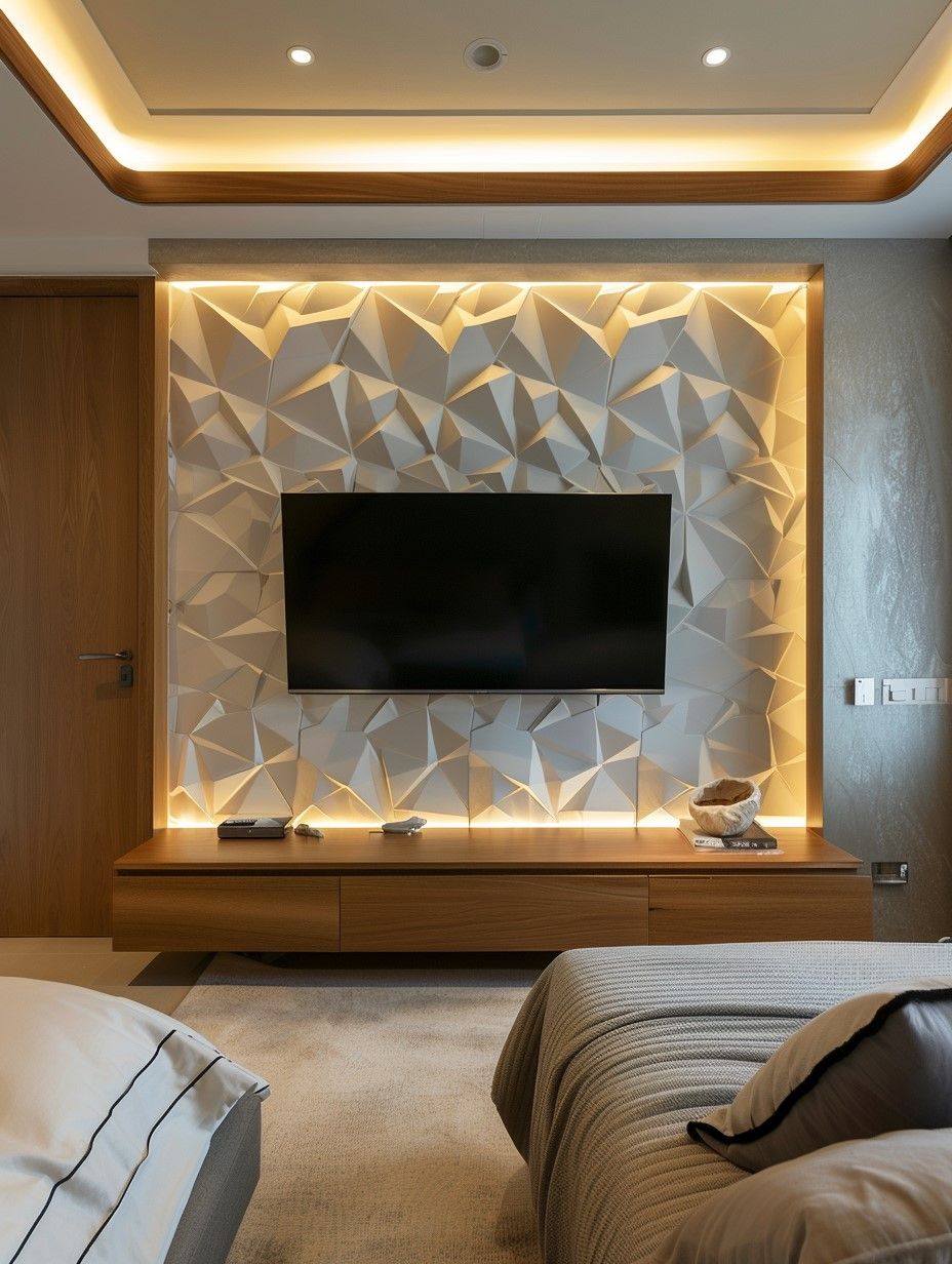 Modern Bedroom TV Wall with 3D Geometric Panel and Ambient Lighting